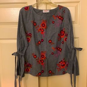 Renee C. Blouse. Chambray with Brightly Colored Embroidery!